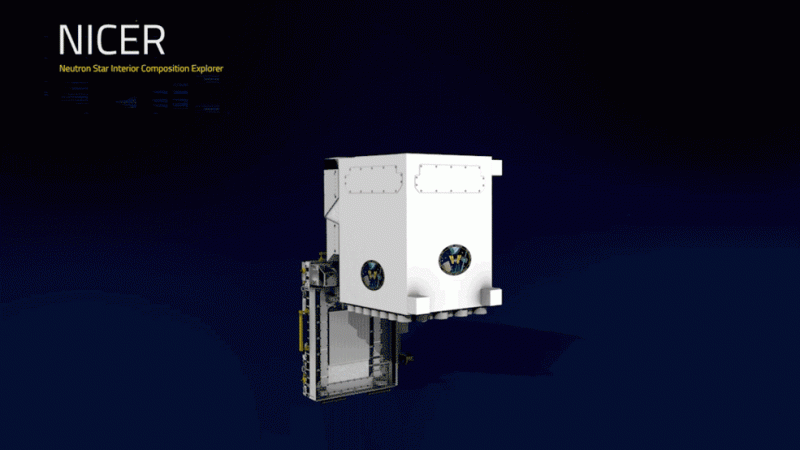 NICER is currently installed on the International Space Station. This turntable animation of the payload calls out the locations of NICER's star tracker camera, electronics, space station attachment mechanism, 56 sunshields, pointing actuators and stow/deploy actuator. nasa, NICER, pulsars,