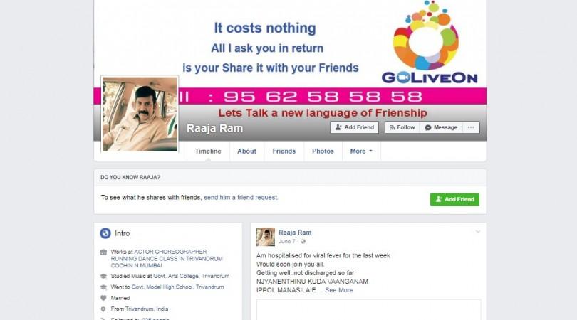The Facebook page of Raaja Ram, husband of actress Thara Kalyan. Raaja Ram, Thara Kalyan