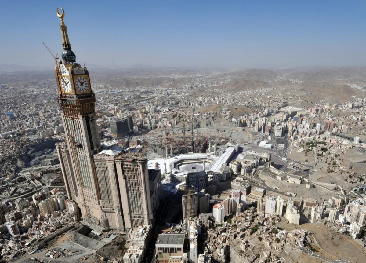 An aerial view taken November 7, 2011, shows the Abraj Al-Bait Towers, also known as the Mecca Royal Hotel Clock Tower, in the holy city of Mecca during the annual Hajj pilgrimage rituals. Abraj Al-Bait Towers