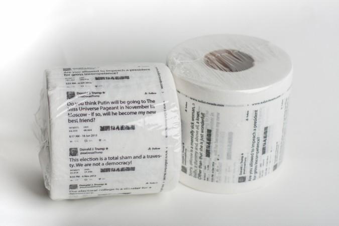 Toilet paper rolls with Donald Trump's tweets printed on them Trump Toilet Paper, Donald Trump