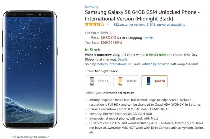 Samsung Galaxy S8 international model