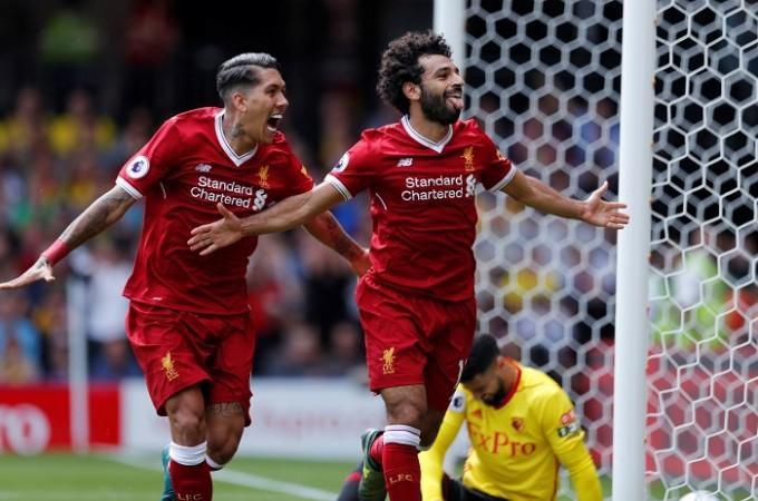 Mohamed Salah celebrates with Roberto Firmino after scoring the winner for Liverpool, August 12, 2017 Roberto Firmino, Mohamed Salah, Liverpool, Watford, EPL