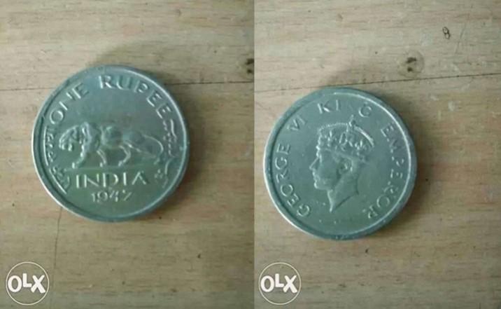 A silver one rupee coin issued in 1947 A silver one rupee coin issued in 1947