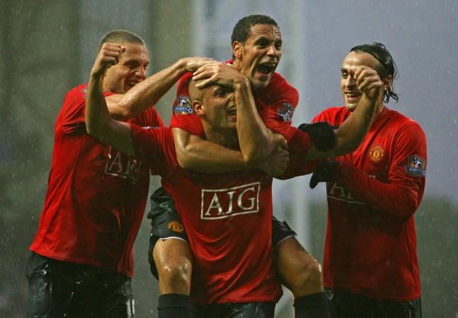 Wes Brown (below Rio Ferdinand) and Dimitar Berbatov (right) at Manchester United in 2008 manchester united