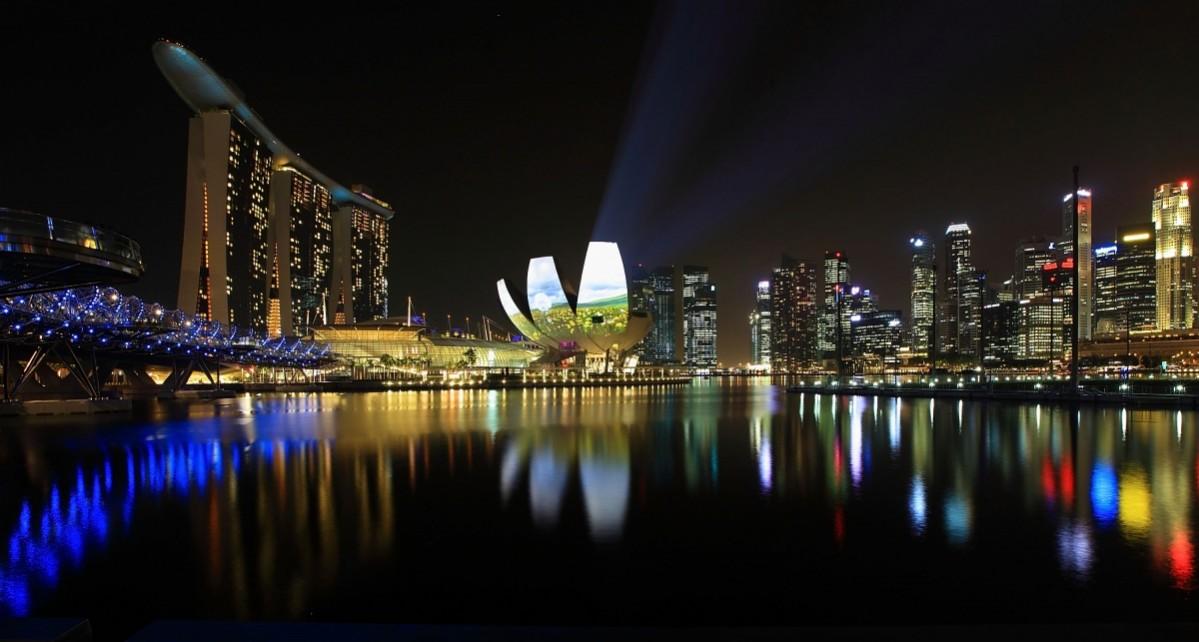 A general view of the Helix Bridge, Marina Bay Sands, ArtScience Museum and the central business district skyline on March 28, 2012 in Singapore. Singapore