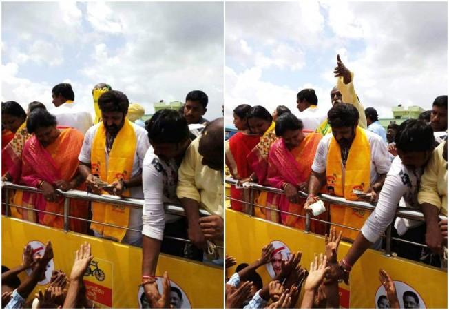 Balakrishna is seen distributing money during Nandyal by-election campaign Balakrishna is seen distributing money during Nandyal by-election campaign