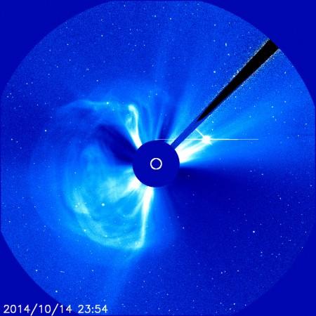 ESA and NASA's Solar and Heliospheric Observatory observed a coronal mass ejection erupting from the Sun on Oct. 14, 2014. Scientists went on to track this coronal mass ejection through the solar system using 10 NASA and ESA spacecraft. The bright light appearing at roughly 2 o'clock is the planet Mercury. nasa, solar wind, coronal mass ejections, ESA,