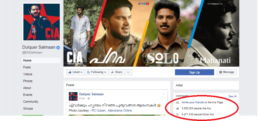 Dulquer Salmaan's Facebook is now liked by 5 million users Dulquer Salmaan, Facebook