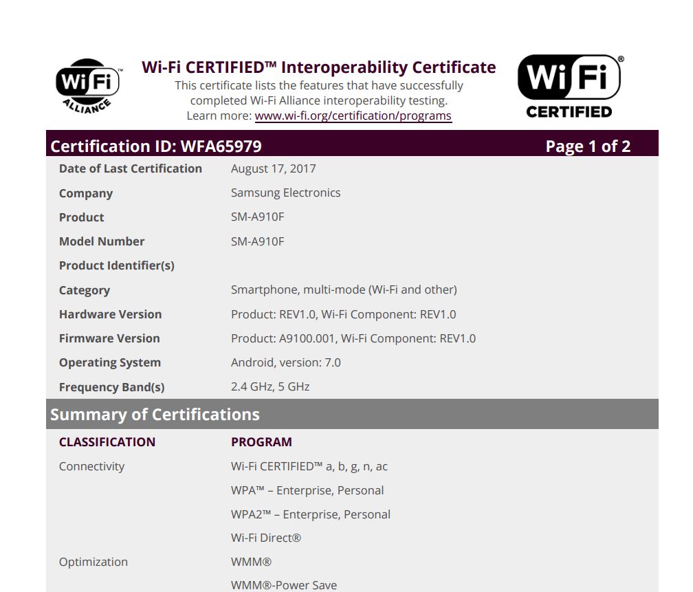 Samsung Galaxy A9 Pro, Android Nougat, Wi-Fi Alliance certification