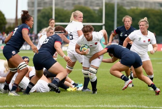 Sarah Hunter of England charges for the line during the Women's Rugby World Cup Pool B match between England and USA at Billings Park UCB on August 17, 2017 in Dublin, Ireland sarah hunter, rugby