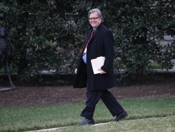 White House chief strategist, Steve Bannon to Marine One before departing the White House with U.S. President Donald Trump, on March 20, 2017 in Washington, DC. Steve Bannon
