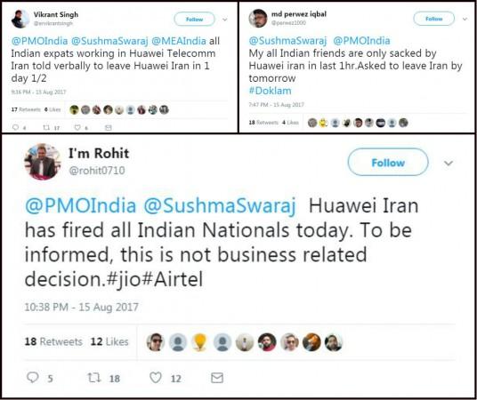 A collage shows tweets by Indian employees at Huawei Iran trying to reach the Prime Minister's Office and External Affairs Minister Sushma Swaraj over being fired. Huawei fires Indian employees