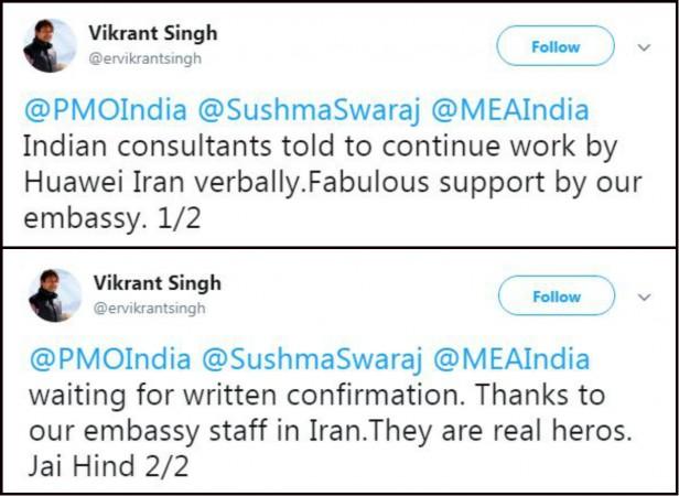 A collage shows an Indian employee of Huawei Iran thanking the External Affairs Ministry for stepping in and saving the jobs of him and his colleagues. Huawei fires Indian employees
