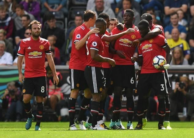 Manchester United players celebrate the goal scored by Eric Bailly, August 19, 2017 Mata, Pogba, Bailly, Manchester United, Swansea City