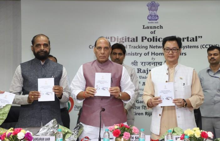 In picture: Union Home Minister Rajnath Singh releases a booklet on the Crime and Criminal Tracking Network and Systems (CCTNS) in New Delhi on August 21, 2017. Ministers of State for Home Affairs Hansraj Gangaram Ahir and Kiren Rijiju are also seen. CCTNS