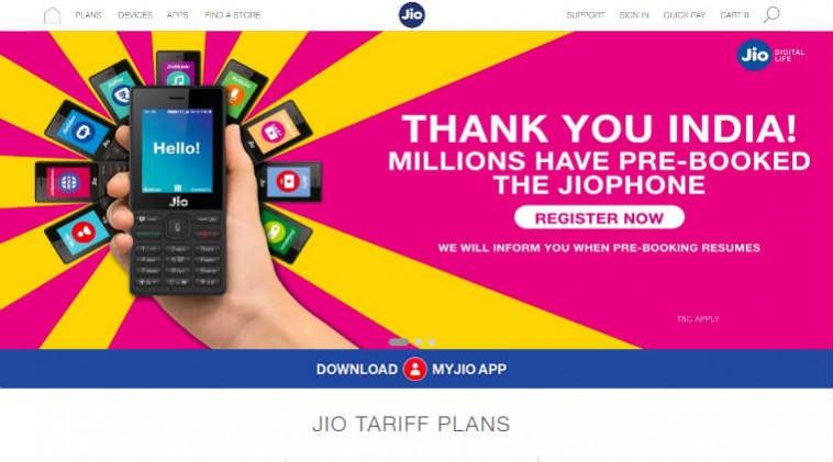 JioPhone bookings page (screenshot). Reliance JioPhone pre-booking