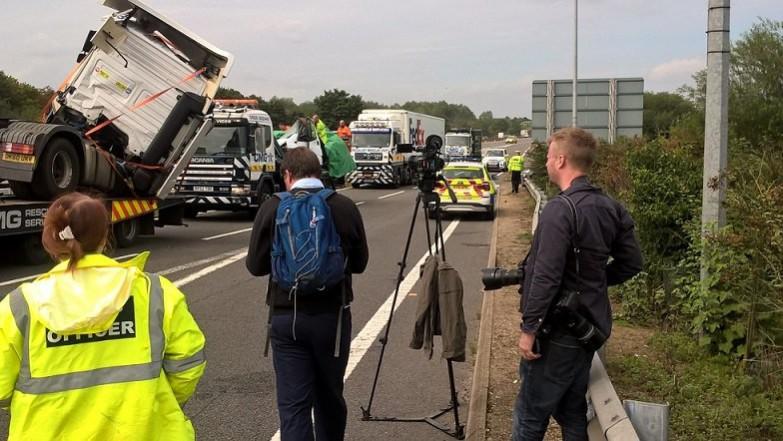 Fire fighters working to rescue the IT workers at the accident site Buckinghamshire accident