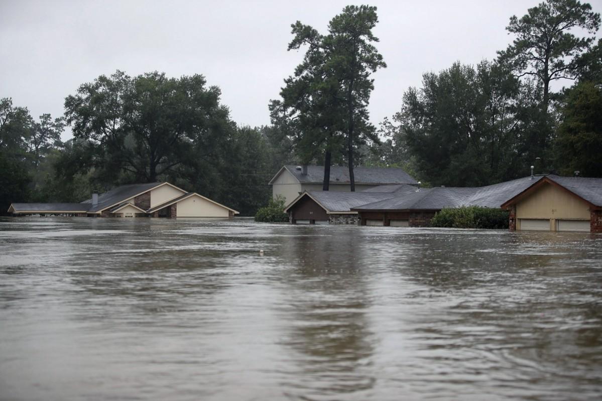 Homes are seen inundated with flooding from Hurricane Harvey on August 28, 2017 in Houston, Texas Houston floods