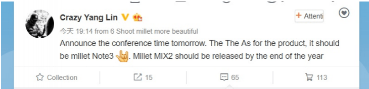 Xiaomi's Public Relations Manager Yang Lin hints at the launch of Mi Note 3 on August 31 via Weibo Xiaomi Mi Note 3 launch