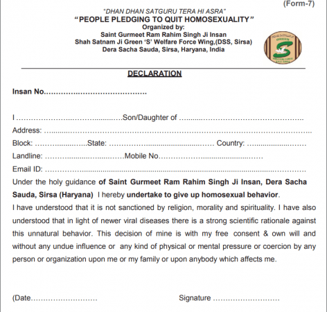 The pledge form Declaration form to quit homosexuality