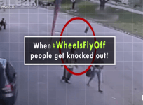 Bizarre video shows people getting hit by runaway tyre