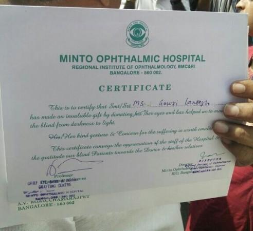 Certificate from Minto Ophthalmic Hospital thanking murdered journalist Gauri Lankesh for donating her eyes. Gauri Lankesh