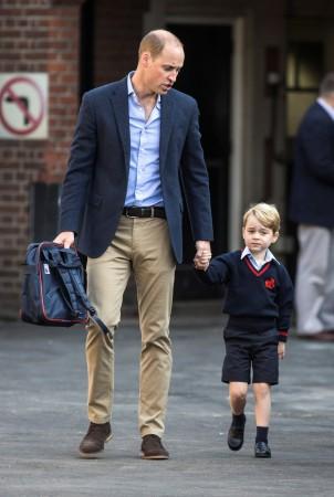 Britain's Prince William accompanies his son Prince George on his first day of school at Thomas's school in Battersea, London, Britain's Prince William accompanies his son Prince George on his first day of school at Thomas's school in Battersea, London,