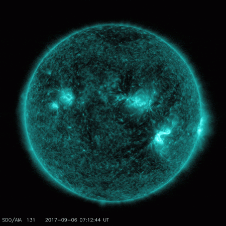 This animation shows both the X2.2 and the X9.3 flares that the Sun emitted on Sept. 6, 2017. The imagery was captured by NASA's Solar Dynamics Observatory and shows light in the 131 angstrom wavelength. solar flare,nasa, SDO, space,