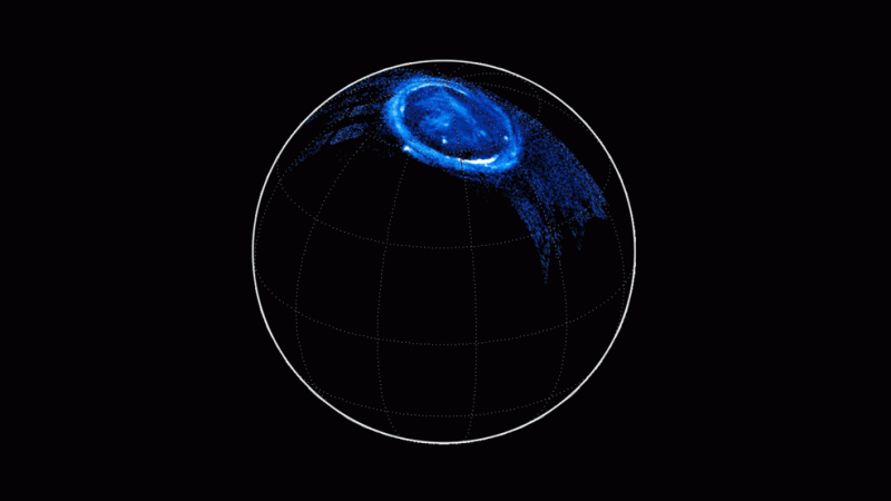 This is a reconstructed view of Jupiter's northern lights through the filters of the Juno Ultraviolet Imaging Spectrograph instrument on Dec. 11, 2016, as the Juno spacecraft approached Jupiter, passed over its poles, and plunged towards the equator. nasa, Jupiter, Juno, auroras,