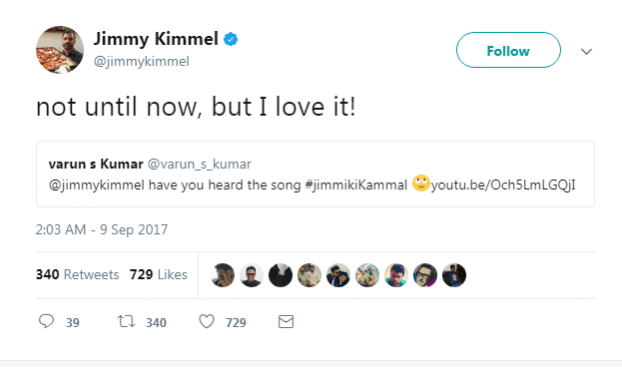 Jimmy Kimmel about Jimikki Kammal song Jimmy Kimmel, Jimikki Kammal