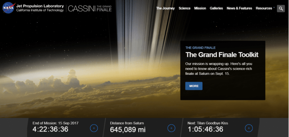 Screengrab of Cassini Grand finale page Cassini Grand finale
