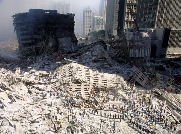 Rescue workers sift through the wreckage of the World Trade Center September 13, 2001 in New York City, two days after two hijacked airplanes slammed into the twin towers, levelling them in an alleged terrorist attack. World Trade Center attack