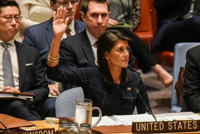 U.S. Ambassador to the UN, Nikki Haley votes during a United Nations Security Council meeting on North Korea in New York City Nikki Haley