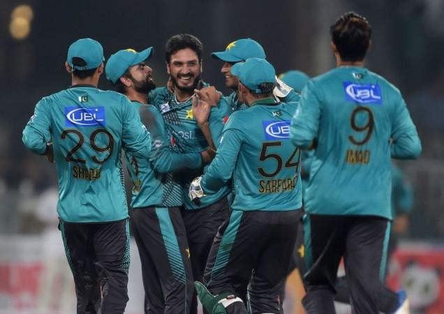 Pakistani bowler Rumman Raees (centre) celebrates with team-mates after dismissing World XI batsman Tamim Iqbal during their T20I at Lahore's Gadaffi Stadium on Tuesday (September 12). Pakistan cricket