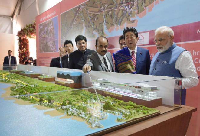 Prime Minister Narendra Modi and Japanese Prime Minister Shinzo Abe at the groundbreaking ceremony of the Mumbai-Ahmedabad High-Speed Rail Project at Ahmedabad, Gujarat, on September 14, 2017. Union Minister for Railways and Coal Piyush Goyal is also seen. Prime Minister Narendra Modi and Japanese Prime Minister Shinzo Abe