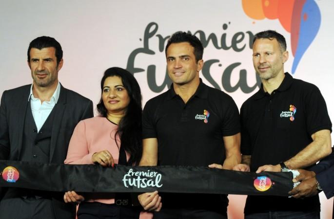Portugal football legend Luis Figo, Brazilian Futsal legend Falcao and Wales football legend Ryan Giggs during a press conference to announce the Premier Futsal's season 2 in New Delhi premier futsal