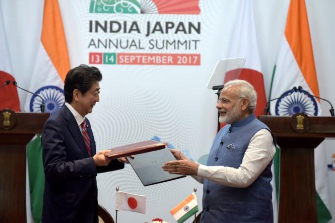 The Prime Minister, Shri Narendra Modi and the Prime Minister of Japan, Mr. Shinzo Abe at the joint press statement, during 12th India Japan Annual Summit, at Mahatma Mandir, in Gandhinagar, Gujarat on September 14, 2017. Modi Shinzo Abe