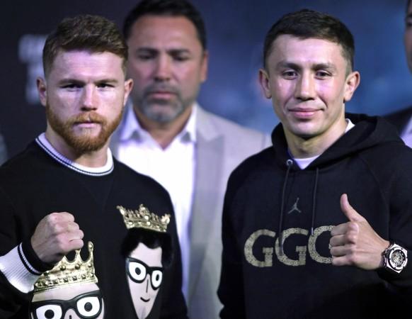 Boxers Canelo Alvarez (L) and Gennady Golovkin pose during their final press conference at MGM Grand Hotel & Casino on September 13, 2017 in Las Vegas, Nevada. Alvarez will challenge WBC, WBA and IBF middleweight champion Gennady Golovkin for his titles at T-Mobile Arena on September 16 in Las Vegas boxing, canelo alvarez, ggg