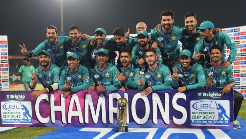 Pakistan players celebrate after beating World XI in the final T20I of the three-match series on Friday Pakistan vs World XI