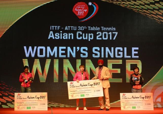 From left: Liu Shiwen (runner-up), Zhu Yuling (winner), Table Tennis Federation of India (TTFI) secretary general MP Singh and Kasumi Ishikawa (third placed) at the awards ceremony. Table Tennis
