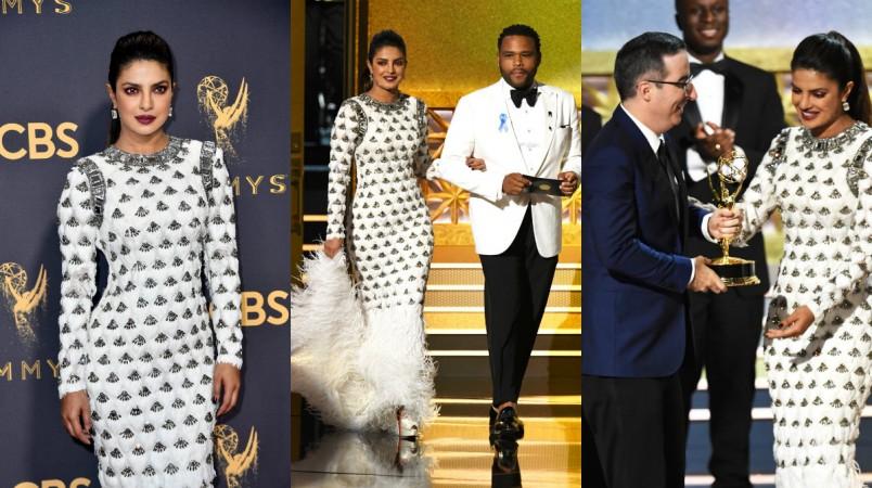 (From L-R) Priyanka Chopra at the Red Carpet of Emmys 2017; the Quantico actress with Blackish star Anthony Anderson; Chopra presenting the award to John Oliver Priyanka Chopra Emmys 2017