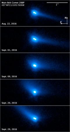 Hubble photographed a pair of asteroids orbiting each other that have a tail of dust, which is a comet-like feature. The odd object, called 2006 VW139/288P, is the first known binary asteroid that is also classified as a main-belt comet nasa, Hubble, asteroid, comet, space,
