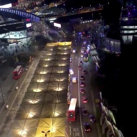 A still image from video shows ambulances and other emergency services response vehicles outside Stratford station in London, Britain, September 23, 2017. London acid attack