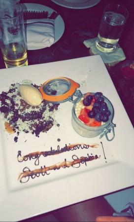 Celebratory dessert dinner that Scott and Sophia enjoyed with friends. scott and sophia