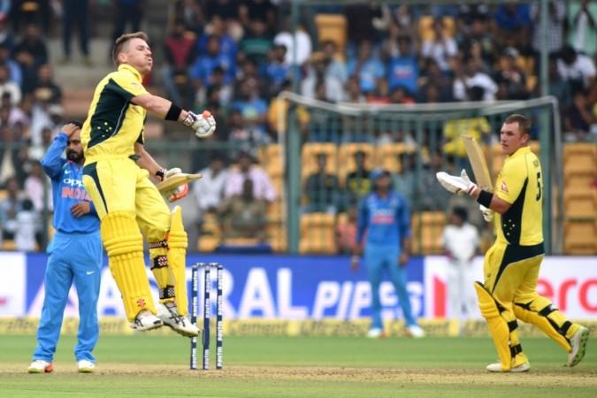 David Warner (second left) celebrates his century against India in the 4th ODI. David Warner, Aaron Finch, India vs Australia