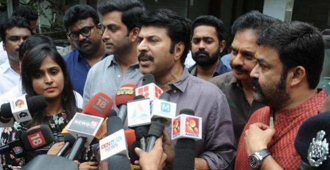 Mammootty talks to media after AMMA emergency executive meeting in Kochi. AMMA executive members meeting