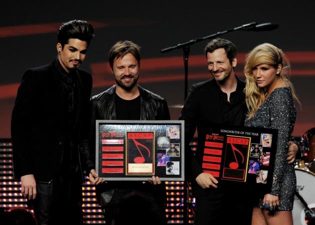 Singer Adam Lambert, Songwriters of the Year Max Martin and Lukasz 'Dr Luke Gottwald and singer Kesha pose onstage at the 28th Annual ASCAP Pop Music Awards at the Kodak Ballroom on April 27, 2011 in Los Angeles, California kesha and dr. luke