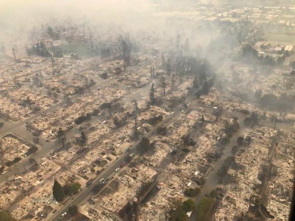 An aerial photo of the devastation left behind from the North Bay wildfires north of San Francisco. California