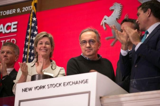 Ferrari Chairman Sergio Marchionne rings the opening bell, commemorating his company's 70th anniversary, at the New York Stock Exchange on October 9, 2017 in New York City. Ferrari Chairman Sergio Marchionne