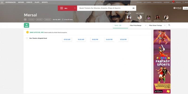 A screenshot of Mersal Advance Booking in Book My Show A screen shot of Mersal Advance Booking in Book My Show